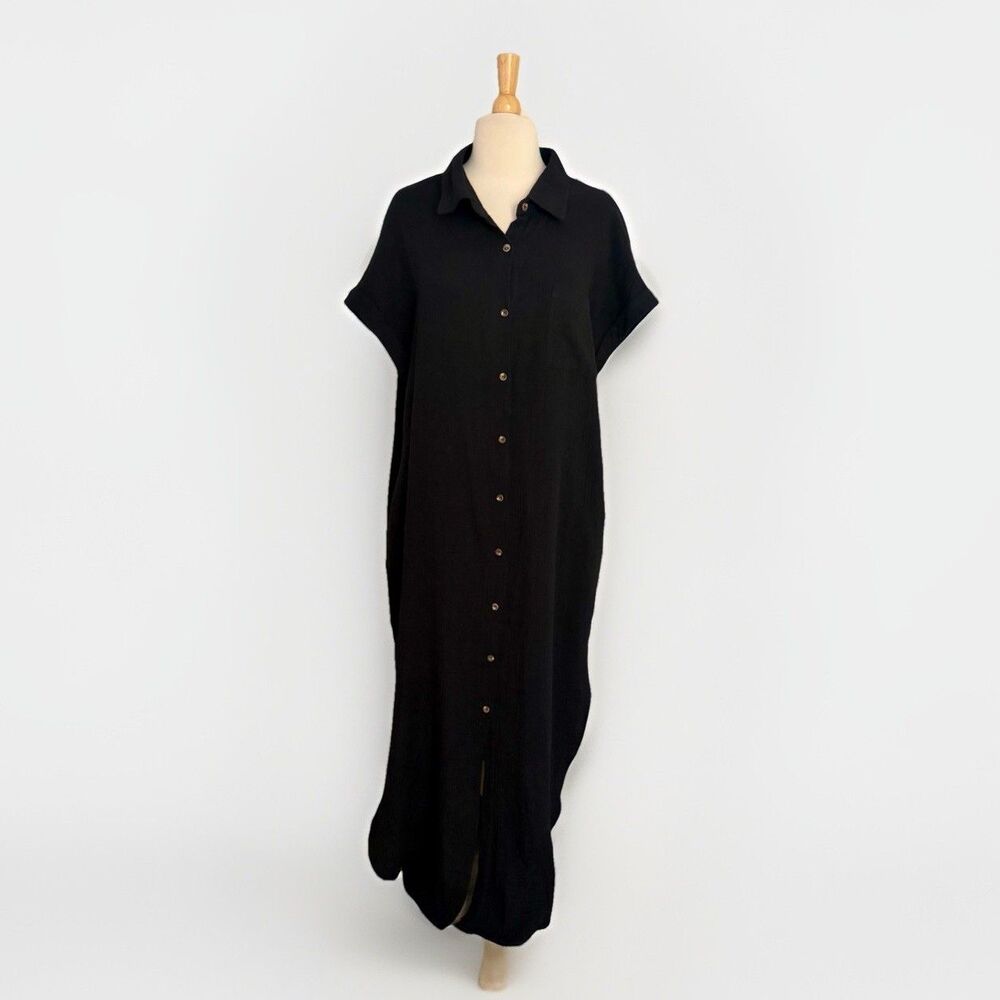 BluIvy NWT Sz M Black Gauze Short Sleeve Maxi Shirt Dress Button Front Resort